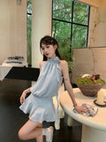 KYLETHOMASW  -   Women Dresses Sleeveless Striped Halter Flowers Ribbon Sweet Elegant Sexy Mini Dress Party Female Fashion Casual