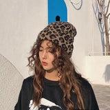 KYLTHOMASW  -  Sweet Hot Girl Leopard Print Skullies Women's Autumn and Winter Japanese Retro Knitted Beanies Fashion Female Trendy Accessories