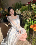 KIylethomasw Spring and Summer Square Collar Blue Elegant French Retro Long-sleeved Princess Prom Dress Bohemian Temperament Floral Dresses