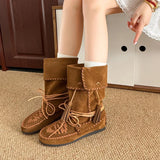 KYLETHOMASW  -  Retro Weaved Tassel Lace-Up Cowboy Boots Woman Turned-Over Edge Suede Leather Mid-Calf Boots Ladies Inner Height Western Boots