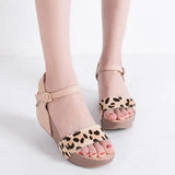 Kylethomasw Summer New Genuine Horsehair High-heeled Thick-soled Leopard-print Roman Slope-heeled Sandals 32 33 Small Size Shoes