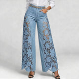 KYLETHOMASW  -  Women Wide Leg Denim Jeans Floral Lace Splicing Hollow Out High Waist Long Pants Retro Casual Ladies Streetwear Bottoms
