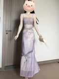 KYLETHOMASW  -  Sweet Purple Butterfly Printed Strap Camisole Dress for Women Summer Sexy Slim Fit Hip Wrapped Fishtail Long Dresses