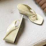 KYLETHOMASW  -  Fashion Women Beige Strap Wedge Heel Flip Flops Square Toe Slip on Mules Satin Summer Casual Beach Slides Sandals