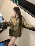 Kylethomasw Y2k Golden Color Shirt Female Long Sleeve Luxury Elegant Blouse Women  Button Up Oversized Casual Spring Autumn Top Chic