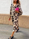 KYLETHOMASW  -  Spring Summer New Long V-neck Loose Lantern Sleeve Leopard Print Straight Cut Dress Women's Midi Dress Comfortable Breathable