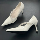 Kylethomasw Rhinestone Chain Sexy Thin High Heels Women Pointed Toe Pumps Office Shoes Female Fashion Elegant Dress Shoes Zapatos De Mujer