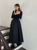 KIylethomasw Solid Pleated Dress Women Autumn Elegant Long Sleeve Vintage Ladies Party Daily Square Neck Dresses Female Clothing Chic Simple