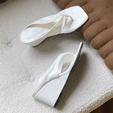 KYLETHOMASW  -  Fashion Women Beige Strap Wedge Heel Flip Flops Square Toe Slip on Mules Satin Summer Casual Beach Slides Sandals