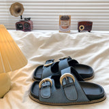 KYLETHOMASW  -  Black Soft Leather PU Flat Sandals Women Fashion Metal Buckle Slide Slippers Summer Light Non-Slip Beach Shoe Sandalias De Mujer
