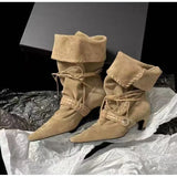 KYLETHOMASW  -  Autumn Winter Faux Suede Weave Lace-up Women Motorcycle Boots Fashion High heels Chelsea Western Mid-Calf Short Booties Shoes