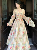 KYLETHOMASW  -  French Printed Floral Midi Long Dress Women Autumn Square Collar Lantern Sleeve Lace-up Midi Vestidos Elegant One Piece Clothing