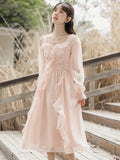 KYLETHOMASW  -  Vintage Pink Fairy Party Midi Dress Women Korean Style Sweet Vestidos Female Bubble Sleeve Elegant Evening Party Robe Autumn New