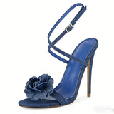 KYLETHOMASW  -  Denim Blue Flower Open Toe Stiletto Sandals Woman Summer Cross Ankle Strap Slingback High Heels Shoes for Party Wedding