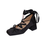 KYLETHOMASW  -  New Women's Coarse Heels Pink Cross Tie High Heels girl Ballet Shoes Elegant Silk Lolita Single Shoes