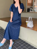 KYLETHOMASW  -  Women Dress Korean Chic Summer Retro Temperament V-neck Pleated Waist Slim Double Pocket Bubble Sleeve Denim Vestidos