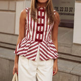 KYLETHOMASW  -  Striped Mandarin Collar Frog Button Ruffle Trim Top Striped Single‑breasted Summer Women Blouse Versatile Casual Lady Office Top