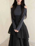 KYLETHOMASW  -  Japanese Elegant Fashion Knit Long Sleeve Dress Women Slim Irregular Design Long Dress Harajuku Sweet Off-Shoulder Chic Outfits