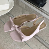 KYLETHOMASW  -  Women White Bowknot Slingback Sandals Summer Square Open Toe Low Heel PU Leather Elegant Casual Office Ladies Shoes