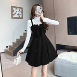 KYLETHOMASW  -   Sweet Hot Girl Christmas Suit Women's Fall/Winter Bow Velvet Strap Dress Slim Long-sleeve Shirt Two-piece Set Female Clothes