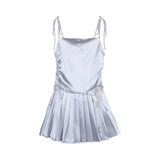 KYLETHOMASW  -  White Dress for Women Y2k Dangling Collar Summer Camisole Dress Women Silvery Kawaii Pleated A-line Mini Birthday Dress