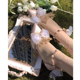 KYLETHOMASW  -  Champagne Lace Bows Crystal Stilettos Sandals Lolita Vintage Bridal Wedding Shoes Pearl Chain Ankle Strap Pumps for Tea Party