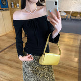 KYLETHOMASW  -  Korean Solid Chic Slash Neck Long Sleeve Bow Slim Thin Elegant Knitted Pullovers