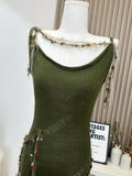 Kylethomasw Harajuku Prairie Chic Knitted Fairy Dress Sleeveless Elegant Sexy Hollow Out Green Slim One-Piece Frocks Gyaru French Elegance