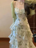 KYLETHOMASW  -  Elegant Floral Slim Waist Ruffles Camisole Cake Dress+ Summer Long Sleeve Cardigan Coat Women 2025 New Two Piece Sets