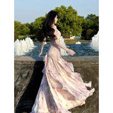 KYLETHOMASW  -  Women's Elegant Lavender Floral Tiered Dress Summer Spaghetti Strap Ruched Asymmetric Ruffle Tulle Long Dress Beach Vacation
