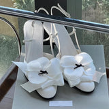 KYLETHOMASW  -  White Flower Sandals Round Toe Black Bow Detail Hollow Slingback Buckle Stiletto Heels Summer Party Dress Casual Shoes