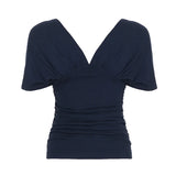 KYLETHOMASW  -  Elegant Women Ruched Deep V Blouse Spring Summer Resort Vacation Solid Short Sleeve Top Date Daily Office Outfit Trendy