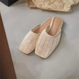 KYLETHOMASW  -  Shoes Slippers Soft Slides Slipers Women Cover Toe Low Loafers Fretwork Heels Comfort 2025 Flat Basic Fabric Rubber Cane PU