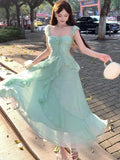KYLETHOMASW  -  French Vintage Summer Green Elegant Sexy Evening Party Long Dress Women Sleeveless Backless Vacation Ruffles Slip Fairy Dress