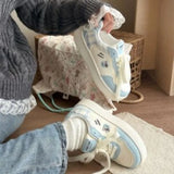 KYLETHOMASW  -  Cute Women Pink‑White Platform Sneakers Bear Embroidery Lace‑Up Round Toe Thick‑Sole Sweet Style Casual Daily Board Shoes