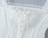 KYLETHOMASW  -  White Spliced Lace Slash Collar Ribbon Bow Strap Summer Corset Women Summer Tank Tops Pleated Slim Through Buttons Crop Top