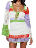 KYLETHOMASW  -  Women Knit Dress Long Sleeve V Neck Hollow Out Mini Dress Summer Fall Bohemian Beach Dresses Y2K See through Cover-ups