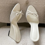 KYLETHOMASW  -  Elegant Pink Bow Wedge Heel Mules Women's Open Toe Linen Strap Slip on Sandals Summer Casual Slippers Shoes