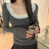 KYLETHOMASW  -  Korean Style Lace Splice Striped Long Sleeve Women's T-shirt Slimming Base Layer Shirt Beautiful Top for Autumn New Arrival