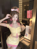 KYLETHOMASW  -  Women Sexy Knitted Two-Piece Set Short Sleeve Button Crop Top and High Waist Mini Skirt Slim Fit Sweet Suit Summer Party Outfit