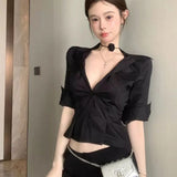 KYLETHOMASW  -  Sexy Black Slim Cropp Blouse Women Turn Down Collar Chic Solid Commuter Shirt Three Quarter Sleeve Street Fashion Deep V Hot Top