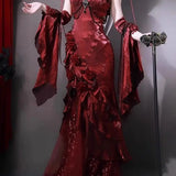 KYLETHOMASW  -  Christmas Robe Gorgeous Elegant Lolita Dress Red Rose High-end Slimming Fishtail Strap Camisole Long Dress for Women
