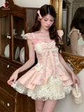 KYLETHOMASW  -  Sweet Coquette 3D Floral Applique Mock Two Piece Princess Dress Women Fairycore Pink Bowknot Puffy Birthday Party Gown Outfits