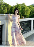 KYLETHOMASW  -  Women's Elegant Lavender Floral Tiered Dress Summer Spaghetti Strap Ruched Asymmetric Ruffle Tulle Long Dress Beach Vacation