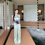 KYLETHOMASW  -  New Chinese Style 2 Piece Set Women's Summer Sleeveless Cheongsam Top Wide Leg Pants Elegant Outfit
