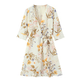 KYLETHOMASW  -  New Women Floral Print Casual Summer Wrap Dress Cross V Neck A-line Short Robe French Style Holiday Dresses