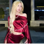 KYLETHOMASW  -  Womens One Shoulder Satin Two Piece Set Cape Sleeve Crop Top and Mini Skirt Set
