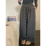 KYLETHOMASW  -  Casual Vintage Sweatpants Woman Korean Baggy Thick Flower Print Wide Leg Pants Harajuku High Waist Autumn Warm Trousers