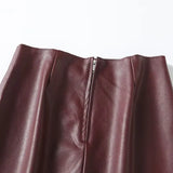 KYLETHOMASW  -  Winter French Minimalist Burgundy Leather Skirt With High Waist Zippers Straight Leg Mini Skirts Womens