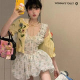 KYLETHOMASW  -  Spring Fashion Miu Style Dopamine Waist-Cinching Cat Print Bubble Hem Cami Dress for Women Female Lady Cute Summer Mini Dress